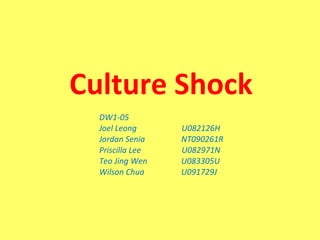 Culture Shock DW1-05  Joel Leong   U082126H Jordan Senia    NT090261R Priscilla Lee   U082971N Teo Jing Wen   U083305U Wilson Chua  U091729J 