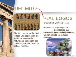 DEL MITO
El mito o narración fantástica
ofrece una explicación de
los fenómenos de la
naturaleza, del origen del
universo y de la existencia
del ser humano.
Explicación argumentada y científica,
fundamentado en métodos
racionales.
Origen: S.VII y S.VI a.C Jonia
(Asia Menor), lo protagonizaron
pensadores que
iniciaron el camino de la filosofía.
 