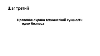 Шаг третий
Правовая охрана технической сущности
идеи бизнеса
 