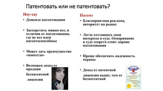 Патентовать или не патентовать?
Ноу-хау
• Дешевле патентования
• Засекретить можно все, в
отличии от патентования,
где не все идеи
патентоспособные
• Может дать преимущество
«навсегда»
• Возможен доход от
продажи
беспатентной
лицензии
Патент
• Благоприятная реклама,
авторитет на рынке
• Легче отстаивать свои
интересы в суде. Оспаривание
в суде секрета стоит дороже
патентования
• Проще обеспечить надежность
охраны
• Доход от патентной
лицензии выше, чем от
беспатентной
 