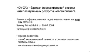 5
НОУ-ХАУ - базовая форма правовой охраны
интеллектуальных ресурсов нового бизнеса
Режим конфиденциальности для нового знания как ноу-
хау согласно
Закону РФ №98-ФЗ от 29.07.2004
«О коммерческой тайне»:
• приказ директора
• акт об экономической ценности в силу неизвестности
третьим лицам
• соглашения о конфиденциальности
 