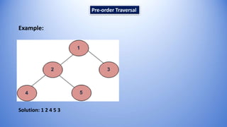 Pre-order Traversal
Example:
Solution: 1 2 4 5 3
 