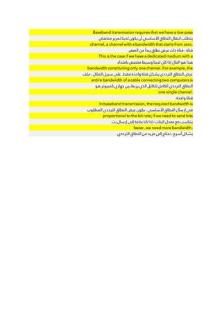Baseband transmission requires that we have a low-pass
‫ﻣﻨﺨﻔﺾ‬ ‫ﺗﻤﺮﻳﺮ‬ ‫ﻟﺪﻳﻨﺎ‬ ‫ﻳﻜﻮﻥ‬ ‫ﺃﻥ‬ ‫ﺍﻷﺳﺎﺳﻲ‬ ‫ﺍﻟﻨﻄﺎﻕ‬ ‫ﺍﻧﺘﻘﺎﻝ‬ ‫ﻳﺘﻄﻠﺐ‬
channel, a channel with a bandwidth that starts from zero.
.‫ﺍﻟﺼﻔﺮ‬ ‫ﻣﻦ‬ ‫ﻳﺒﺪﺃ‬ ‫ﻧﻄﺎﻕ‬ ‫ﻋﺮﺽ‬ ‫ﺫﺍﺕ‬ ‫ﻗﻨﺎﺓ‬ ، ‫ﻗﻨﺎﺓ‬
This is the case if we have a dedicated medium with a
‫ﺑﺎﻣﺘﺪﺍﺩ‬ ‫ﻣﺨﺼﺺ‬ ‫ﻭﺳﻴﻂ‬ ‫ﻟﺪﻳﻨﺎ‬ ‫ﻛﺎﻥ‬ ‫ﺇﺫﺍ‬ ‫ﺍﻟﺤﺎﻝ‬ ‫ﻫﻮ‬ ‫ﻫﺬﺍ‬
bandwidth constituting only one channel. For example, the
‫ﻣﻠﻒ‬ ، ‫ﺍﻟﻤﺜﺎﻝ‬ ‫ﺳﺒﻴﻞ‬ ‫ﻋﻠﻰ‬ .‫ﻓﻘﻂ‬ ‫ﻭﺍﺣﺪﺓ‬ ‫ﻗﻨﺎﺓ‬ ‫ﻳﺸﻜﻞ‬ ‫ﺍﻟﺘﺮﺩﺩﻱ‬ ‫ﺍﻟﻨﻄﺎﻕ‬ ‫ﻋﺮﺽ‬
entire bandwidth of a cable connecting two computers is
‫ﻫﻮ‬ ‫ﻛﻤﺒﻴﻮﺗﺮ‬ ‫ﺟﻬﺎﺯﻱ‬ ‫ﺑﻴﻦ‬ ‫ﻳﺮﺑﻂ‬ ‫ﺍﻟﺬﻱ‬ ‫ﻟﻠﻜﺎﺑﻞ‬ ‫ﺍﻟﻜﺎﻣﻞ‬ ‫ﺍﻟﺘﺮﺩﺩﻱ‬ ‫ﺍﻟﻨﻄﺎﻕ‬
one single channel.
.‫ﻭﺍﺣﺪﺓ‬ ‫ﻗﻨﺎﺓ‬
In baseband transmission, the required bandwidth is
‫ﺍﻟﻤﻄﻠﻮﺏ‬ ‫ﺍﻟﺘﺮﺩﺩﻱ‬ ‫ﺍﻟﻨﻄﺎﻕ‬ ‫ﻋﺮﺽ‬ ‫ﻳﻜﻮﻥ‬ ، ‫ﺍﻷﺳﺎﺳﻲ‬ ‫ﺍﻟﻨﻄﺎﻕ‬ ‫ﺇﺭﺳﺎﻝ‬ ‫ﻓﻲ‬
proportional to the bit rate; if we need to send bits
‫ﺑﺖ‬ ‫ﺇﺭﺳﺎﻝ‬ ‫ﺇﻟﻰ‬ ‫ﺑﺤﺎﺟﺔ‬ ‫ﻛﻨﺎ‬ ‫ﺇﺫﺍ‬ ‫؛‬ ‫ﺍﻟﺒﺘﺎﺕ‬ ‫ﻣﻌﺪﻝ‬ ‫ﻣﻊ‬ ‫ﻳﺘﻨﺎﺳﺐ‬
faster, we need more bandwidth.
.‫ﺍﻟﺘﺮﺩﺩﻱ‬ ‫ﺍﻟﻨﻄﺎﻕ‬ ‫ﻣﻦ‬ ‫ﻣﺰﻳﺪ‬ ‫ﺇﻟﻰ‬ ‫ﻧﺤﺘﺎﺝ‬ ، ‫ﺃﺳﺮﻉ‬ ‫ﺑﺸﻜﻞ‬
 