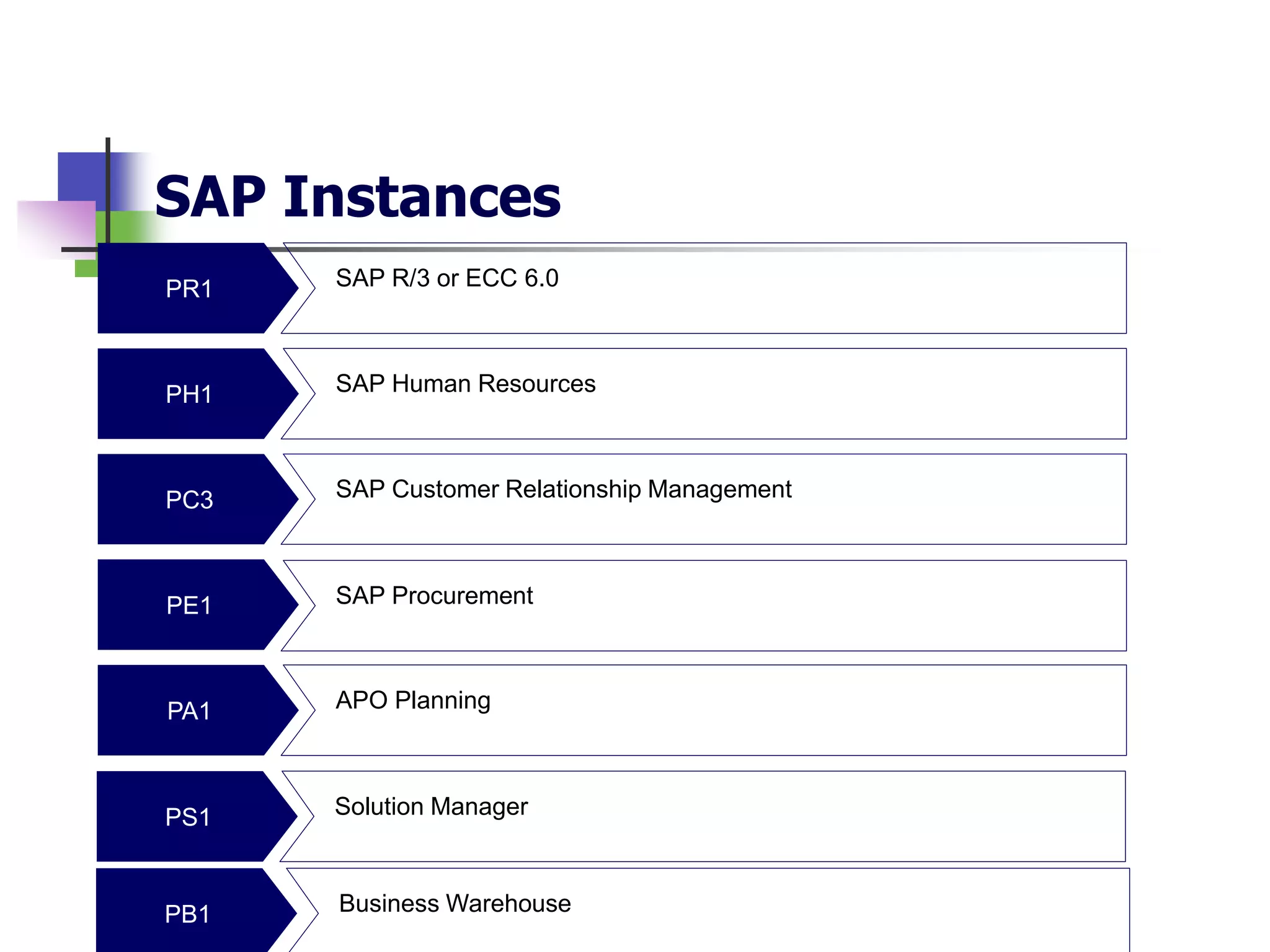 SAP Instances
PR1
PH1
PC3
PE1
PA1
SAP R/3 or ECC 6.0
APO Planning
SAP Human Resources
SAP Customer Relationship Management
SAP Procurement
PS1 Solution Manager
PB1 Business Warehouse
 