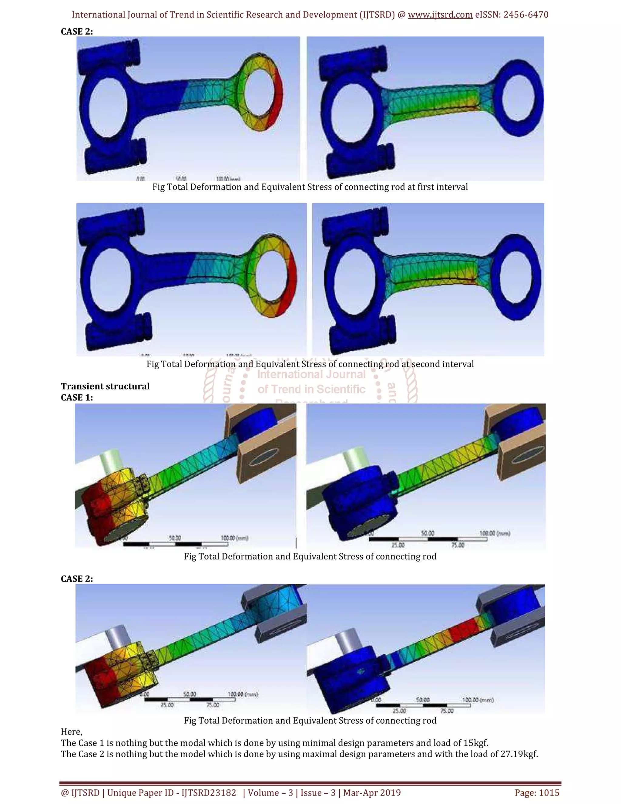 International Journal of Trend in Scientific Research and Development (IJTSRD) @ www.ijtsrd.com eISSN: 2456-6470
@ IJTSRD | Unique Paper ID - IJTSRD23182 | Volume – 3 | Issue – 3 | Mar-Apr 2019 Page: 1015
CASE 2:
Fig Total Deformation and Equivalent Stress of connecting rod at first interval
Fig Total Deformation and Equivalent Stress of connecting rod at second interval
Transient structural
CASE 1:
Fig Total Deformation and Equivalent Stress of connecting rod
CASE 2:
Fig Total Deformation and Equivalent Stress of connecting rod
Here,
The Case 1 is nothing but the modal which is done by using minimal design parameters and load of 15kgf.
The Case 2 is nothing but the model which is done by using maximal design parameters and with the load of 27.19kgf.
 