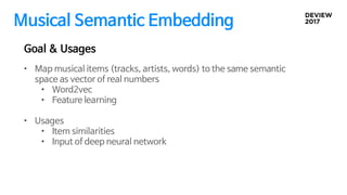 Musical Semantic Embedding
• Map musical items (tracks, artists, words) to the same semantic
space as vector of real numbers
• Word2vec
• Feature learning
• Usages
• Item similarities
• Input of deep neural network
Goal & Usages
 