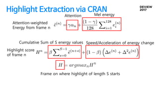 Highlight Extraction via CRAN
Attention Mel energy
Attention-weighted
Energy from frame n
Cumulative Sum of S energy values Speed/Acceleration of energy change
Highlight score
of frame n
Frame on where highlight of length S starts
 