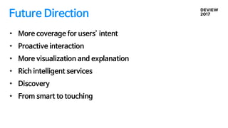 Future Direction
• More coverage for users’ intent
• Proactive interaction
• More visualization and explanation
• Rich intelligent services
• Discovery
• From smart to touching
 