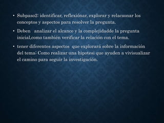 • Subpaso2: identificar, reflexiónar, explorar y relacsonar los
conceptos y aspectos para resolver la pregunta.
• Deben analizar el alcance y la complejidadde la pregunta
inicial,como también verificar la relación con el tema.
• tener diferentes aspectos que explorará sobre la información
del tema; Como realizar una hipotesi que ayuden a vivisualizar
el camino para seguir la investigación.
 
