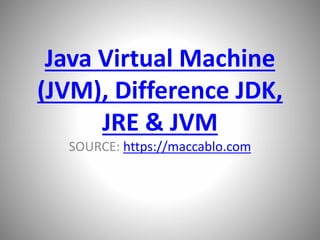 Java Virtual Machine
(JVM), Difference JDK,
JRE & JVM
SOURCE: https://maccablo.com
 