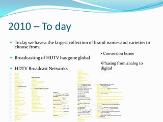 2010 – To dayTo day we have a the largest collection of brand names and varieties to choose from.Broadcasting of HDTV has gone globalHDTV Broadcast NetworksCBS HDCW HDFox HDNBC HDPBS HDTelemundo HDIon HDMyNetworkTV HDUnivision HDTeleFutura HD[edit] Cable NetworksABC Family HDAMC HDA&E HDAnimal Planet HDBET HDBio HDBravo HDCartoon Network HDCMT HDComedy Central HDChiller HDDiscovery Channel HDDisney Channel HDDisney XD HDE! HDFuel HDFood Network HDFX HDG4 HDGospel Music Channel HDHallmark Channel HDHDNetHDNet MoviesHD TheaterThe Conversion boxes