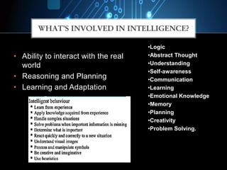 • Ability to interact with the real
world
• Reasoning and Planning
• Learning and Adaptation
•Logic
•Abstract Thought
•Understanding
•Self-awareness
•Communication
•Learning
•Emotional Knowledge
•Memory
•Planning
•Creativity
•Problem Solving.
WHAT’S INVOLVED IN INTELLIGENCE?
 