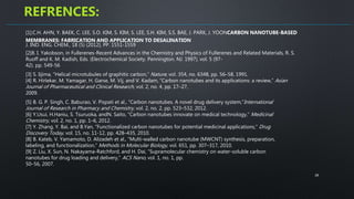 [1]:C.H. AHN, Y. BAEK, C. LEE, S.O. KIM, S. KIM, S. LEE, S.H. KIM, S.S. BAE, J. PARK, J. YOONCARBON NANOTUBE-BASED
MEMBRANES: FABRICATION AND APPLICATION TO DESALINATION
J. IND. ENG. CHEM., 18 (5) (2012), PP. 1551-1559
28
[2]8. I. Yakobson, in Fullerenes-Recent Advances in the Chemistry and Physics of Fullerenes and Related Materials, R. S.
Ruoff and K. M. Kadish, Eds. (Electrochemical Society. Pennington. NJ. 1997). vol. 5 (97-
42). pp. 549-56
[3] S. Iijima, “Helical microtubules of graphitic carbon,” Nature, vol. 354, no. 6348, pp. 56–58, 1991.
[4] R. Hirlekar, M. Yamagar, H. Garse, M. Vij, and V. Kadam, “Carbon nanotubes and its applications: a review,” Asian
Journal of Pharmaceutical and Clinical Research, vol. 2, no. 4, pp. 17–27,
2009.
REFRENCES:
[5] B. G. P. Singh, C. Baburao, V. Pispati et al., “Carbon nanotubes. A novel drug delivery system,”International
Journal of Research in Pharmacy and Chemistry, vol. 2, no. 2, pp. 523–532, 2012.
[6] Y.Usui, H.Haniu, S. Tsuruoka, andN. Saito, “Carbon nanotubes innovate on medical technology,” Medicinal
Chemistry, vol. 2, no. 1, pp. 1–6, 2012.
[7] Y. Zhang, Y. Bai, and B.Yan, “Functionalized carbon nanotubes for potential medicinal applications,” Drug
Discovery Today, vol. 15, no. 11-12, pp. 428–435, 2010.
[8] B. Kateb, V. Yamamoto, D. Alizadeh et al., “Multi-walled carbon nanotube (MWCNT) synthesis, preparation,
labeling, and functionalization,” Methods in Molecular Biology, vol. 651, pp. 307–317, 2010.
[9] Z. Liu, X. Sun, N. Nakayama-Ratchford, and H. Dai, “Supramolecular chemistry on water-soluble carbon
nanotubes for drug loading and delivery,” ACS Nano, vol. 1, no. 1, pp.
50–56, 2007.
 