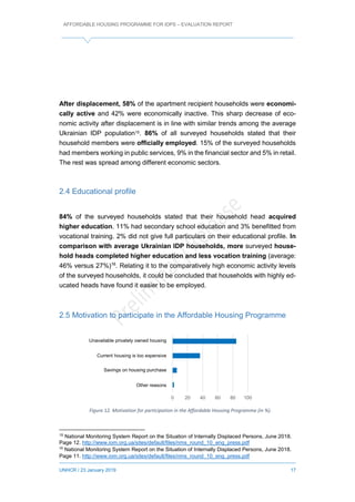 AFFORDABLE HOUSING PROGRAMME FOR IDPS – EVALUATION REPORT
UNHCR / 23 January 2019 17
After displacement, 58% of the apartment recipient households were economi-
cally active and 42% were economically inactive. This sharp decrease of eco-
nomic activity after displacement is in line with similar trends among the average
Ukrainian IDP population15. 86% of all surveyed households stated that their
household members were officially employed. 15% of the surveyed households
had members working in public services, 9% in the financial sector and 5% in retail.
The rest was spread among different economic sectors.
2.4 Educational profile
84% of the surveyed households stated that their household head acquired
higher education. 11% had secondary school education and 3% benefitted from
vocational training. 2% did not give full particulars on their educational profile. In
comparison with average Ukrainian IDP households, more surveyed house-
hold heads completed higher education and less vocation training (average:
46% versus 27%)16
. Relating it to the comparatively high economic activity levels
of the surveyed households, it could be concluded that households with highly ed-
ucated heads have found it easier to be employed.
2.5 Motivation to participate in the Affordable Housing Programme
15
National Monitoring System Report on the Situation of Internally Displaced Persons, June 2018.
Page 12. http://www.iom.org.ua/sites/default/files/nms_round_10_eng_press.pdf
16
National Monitoring System Report on the Situation of Internally Displaced Persons, June 2018.
Page 11. http://www.iom.org.ua/sites/default/files/nms_round_10_eng_press.pdf
0 20 40 60 80 100
Iнші причини
Економія при купівлі житла
Житло на ринку занадто
дороге
Не було житла у наявностіUnavailable privately owned housing
Current housing is too expensive
Savings on housing purchase
Other reasons
Figure 12. Motivation for participation in the Affordable Housing Programme (in %).
 