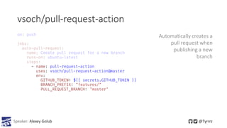 vsoch/pull-request-action
Speaker: Alexey Golub @Tyrrrz
- name: pull-request-action
uses: vsoch/pull-request-action@master...