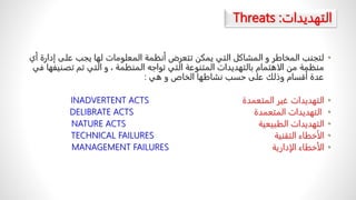 •
ً
‫لتجنبًالمخاطرًوًالمشاكلًالتيًيمكنًتتعرضًأنظمةًالمعلوماتًلهاًيجبًعلىًإدار‬
ً‫ةًأي‬
‫ًوًالتيًتمًتصن‬،ً‫منظمةًمنًالاهتمامًبالتهديداتًالمتنوعةًالتيًتواجهًالمنظمة‬
ً‫يفهاًفي‬
ً‫عدةًأقسامًوذلكًعلىًحسبًنشاطهاًالخاصًوًهي‬
:
•
‫التهديداتًغيرًالمتعمدة‬
INADVERTENT ACTS
•
‫التهديداتًالمتعمدة‬
DELIBRATE ACTS
•
‫التهديداتًالطبيعية‬
NATURE ACTS
•
‫الأخطاءًالتقنية‬
TECHNICAL FAILURES
•
‫الأخطاءًالإدارية‬
MANAGEMENT FAILURES
‫التهديد‬
‫ات‬
Threats :
 