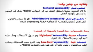 •
‫تحصین‬
‫تقني‬
Technical Vulnerability
‫إذا‬
‫كان‬
‫التحصین‬
‫ضعیفا‬
‫واستغل‬
‫الضعف‬
‫من‬
‫قبل‬
‫المھاجم‬
Attacker
‫يعرف‬
‫ھذا‬
‫الھجوم‬
‫بما‬
‫يسمى‬
‫بالھجوم‬
‫التقني‬
.
•
‫ﺗﺤﺼﯿﻦ‬
‫ﻏﯿﺮ‬
‫ﺗﻘﻨﻲ‬
Administrative Vulnerability
‫وھ‬
‫ﻮ‬
‫ﺑﺎﻟ‬ ‫ﻳﺴﻤﻰ‬ ‫ﻣﺎ‬
‫ھجوم‬
‫ا‬
‫ﺗﻘﻨﻲ‬ ‫ﻟﻐﯿﺮ‬
‫ھ‬ ‫أو‬
‫ﺠﻮ‬
‫ا‬ ‫م‬
‫ﻟ‬
‫ھند‬
‫ﺳﺔ‬
‫ا‬
‫ﻻﺟﺘﻤﺎﻋﯿﺔ‬
.social engineering Attack
‫و‬
‫ﺣﯿﺚ‬ ‫ﻣﻦ‬ ‫ﺗﻘﺴﯿﻤﮫﺎ‬ ‫ﻳﻤﻜﻦ‬
‫ا‬
‫ﻟﺼﻌﻮﺑﺔ‬
‫وا‬
‫ﻟﺴﮫﻮﻟﺔ‬
‫إ‬
‫ﻗﺴﻤﯿﻦ‬ ‫ﻟﻰ‬
:
‫ﺗﺤﺼﯿﻨﺎ‬
‫ت‬
‫ﺿﻌﯿﻔﺔ‬
High-level Vulnerability
‫وھ‬
‫ﻮ‬
‫ﺳﮫﻞ‬
‫ا‬
‫ﻻﺳﺘﻐﻼ‬
،‫ل‬
‫و‬
‫ﻣﺜﺎ‬
‫ل‬
‫ﻋﻠﯿﻪ‬
‫ﻛﺘﺎﺑﻪ‬
‫ﻛﻮ‬
‫د‬
‫ﺑﺮﻣﺠﻲ‬
‫ﻻﺳﺘﻐﻼ‬
‫ل‬
‫ﺗﻠﻚ‬
‫ا‬
‫ﻟﺜﻐﺮ‬
‫ة‬
.
‫ﺗﺤﺼﯿﻨﺎ‬
‫ت‬
‫ﻗﻮﻳﺔ‬
Low-level Vulnerability
‫وھ‬
‫ﺬ‬
‫ا‬
‫ا‬
‫ﻟﻨﻮ‬
‫ع‬
‫ﺻﻌﺐ‬
‫ا‬
‫ﻻﺳﺘﻐﻼ‬
‫ل‬
‫و‬
‫ﻳﺘﻄﻠﺐ‬
‫ا‬
‫ﻟﻜﺜﯿﺮ‬
‫ﻣﻦ‬
‫ا‬
‫ﻟﻤﺼﺎ‬
‫در‬
،
‫ﻣﺼﺎ‬
‫در‬
‫ﻣﺎﻟﯿﻪ‬
‫أو‬
‫و‬
‫ﻗﺖ‬
‫ﻃﻮﻳﻞ‬
‫ﻋﻠﻰ‬
‫ا‬
‫ﻟﻤﮫﺎﺟﻢ‬
Attacker
.
‫وتتكون‬
‫وھما‬ ‫نوعین‬ ‫من‬
:
 
