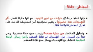 ‫المخاطر‬
Risks

‫فإنها‬
‫تستخدم‬
‫بشكل‬
‫مترادف‬
‫مع‬
‫تعبير‬
‫التهديد‬
،
‫مع‬
‫انها‬
‫حقيقة‬
‫تت‬
‫صل‬
‫بأثر‬
‫التهديدات‬
‫عند‬
‫حصولها‬
،
‫وتقوم‬
‫استراتيجية‬
‫أمن‬
‫المعلومات‬
‫الناجحة‬
‫على‬
‫تحليل‬
‫المخاطر‬
Risk analysis
.

‫وتحليل‬
‫المخاطر‬
‫هي‬
‫عملية‬
Process
‫وليست‬
‫مجرد‬
‫خطة‬
‫محصورة‬
،
‫وهي‬
‫تبدأ‬
‫من‬
‫التساؤل‬
‫حول‬
‫التهديدات‬
‫ثم‬
‫نقاط‬
‫الضعف‬
‫وأخيرا‬
‫وسائل‬
‫الوقا‬
‫ية‬
‫المناسبة‬
‫للتعامل‬
‫مع‬
‫التهديدات‬
‫ووسائل‬
‫منع‬
‫نقاط‬
‫الضعف‬
.
 