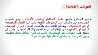 ً‫الحوادث‬
Incident

‫فهو‬
‫اصطلاح‬
‫متسع‬
‫يشمل‬
‫المخاطر‬
‫ويشمل‬
‫الأخطاء‬
،
‫وهو‬
‫بالمعنى‬
‫المستخدم‬
‫في‬
‫دراسات‬
‫أمن‬
‫المعلومات‬
‫التقنية‬
‫يشير‬
‫الى‬
‫الأفعال‬
‫المق‬
‫صودة‬
‫او‬
‫غير‬
‫المقصودة‬
،
‫ويغطي‬
‫الاعتداءات‬
‫والأخطاء‬
‫الفنية‬
،
‫غير‬
‫ان‬
‫التوصيف‬
‫الدقيق‬
‫لهذا‬
‫المفهوم‬
‫في‬
‫الإطار‬
‫الادائي‬
–
‫الإداري‬
‫والإطار‬
‫القانوني‬
،
‫يتعي‬
‫ن‬
‫ان‬
‫يحمله‬
‫على‬
‫الحوادث‬
‫غير‬
‫المقصودة‬
‫والتي‬
‫قد‬
‫تكون‬
‫مخاطر‬
‫بفعل‬
‫الطبي‬
‫عة‬
‫ودون‬
‫عامل‬
‫قصدي‬
‫او‬
‫تكون‬
‫أخطاء‬
‫فنية‬
‫غير‬
‫مقصودة‬
.
 