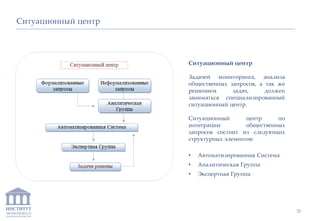 ИНСТИТУТ
ЭКОНОМИКИ И
ЗАКОНОДАТЕЛЬСТВА
Ситуационный центр
Задачей мониторинга, анализа
общественных запросов, а так же
решением задач, должен
заниматься специализированный
ситуационный центр.
Ситуационный центр по
интеграции общественных
запросов состоит из следующих
структурных элементов:
• Автоматизированная Система
• Аналитическая Группа
• Экспертная Группа
Ситуационный центр
30
 