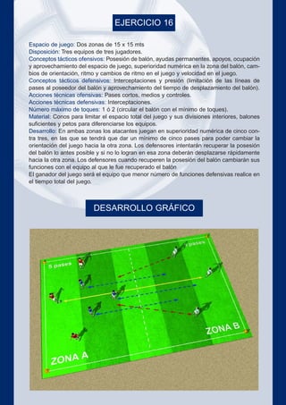 EJERCICIO 16
Espacio de juego: Dos zonas de 15 x 15 mts
Disposición: Tres equipos de tres jugadores.
Conceptos tácticos ofensivos: Posesión de balón, ayudas permanentes, apoyos, ocupación
y aprovechamiento del espacio de juego, superioridad numérica en la zona del balón, cam-
bios de orientación, ritmo y cambios de ritmo en el juego y velocidad en el juego.
Conceptos tácticos defensivos: Interceptaciones y presión (limitación de las líneas de
pases al poseedor del balón y aprovechamiento del tiempo de desplazamiento del balón).
Acciones técnicas ofensivas: Pases cortos, medios y controles.
Acciones técnicas defensivas: Interceptaciones.
Número máximo de toques: 1 ó 2 (circular el balón con el mínimo de toques).
Material: Conos para limitar el espacio total del juego y sus divisiones interiores, balones
suficientes y petos para diferenciarse los equipos.
Desarrollo: En ambas zonas los atacantes juegan en superioridad numérica de cinco con-
tra tres, en las que se tendrá que dar un mínimo de cinco pases para poder cambiar la
orientación del juego hacia la otra zona. Los defensores intentarán recuperar la posesión
del balón lo antes posible y si no lo logran en esa zona deberán desplazarse rápidamente
hacia la otra zona. Los defensores cuando recuperen la posesión del balón cambiarán sus
funciones con el equipo al que le fue recuperado el balón
El ganador del juego será el equipo que menor número de funciones defensivas realice en
el tiempo total del juego.
DESARROLLO GRÁFICO
 