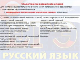 Стилистически окрашенная лексика 
Для усиления выразительности в тексте могут использоваться все разряды 
стилистически окрашенной лексики: 
1) эмоционально-экспрессивная (оценочная) лексика, в том числе: 
а) слова с положительной эмоционально- 
экспрессивной оценкой: 
торжественные, возвышенные (в том 
числе старославянизмы): вдохновение, 
грядущий, отечество, чаяния, 
сокровенный, незыблемый; 
возвышенно- 
поэтические: безмятежный, лучезарный, 
чары, лазурный; 
одобрительные: благородный, 
выдающийся, изумительный, отважный; 
ласкательные: солнышко, голубчик, 
доченька 
б) слова с отрицательной эмоционально- 
экспрессивной оценкой: 
неодобрительные: домысел, 
препираться, околесица; 
пренебрежительные: выскочка, деляга; 
презрительные: балбес, зубрила, 
писанина; 
бранные 
 