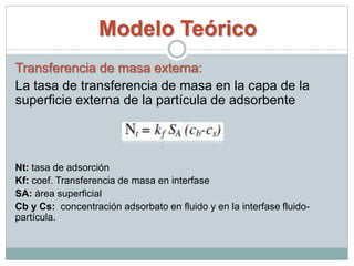 Modelo Teórico
Transferencia de masa externa:
La tasa de transferencia de masa en la capa de la
superficie externa de la partícula de adsorbente
Nt: tasa de adsorción
Kf: coef. Transferencia de masa en interfase
SA: área superficial
Cb y Cs: concentración adsorbato en fluido y en la interfase fluido-
partícula.
 