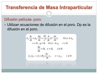 Transferencia de Masa Intraparticular
Difusión película- poro:
 Utilizan ecuaciones de difusión en el poro. Dp es la
difusión en el poro.
 