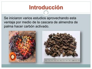 Introducción
Se iniciaron varios estudios aprovechando esta
ventaja por medio de la cascara de almendra de
palma hacer carbón activado.
 