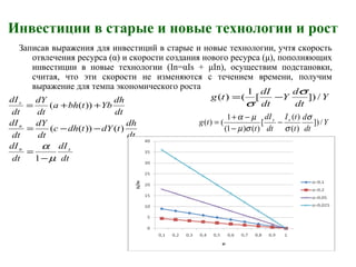 Инвестиции в старые и новые технологии и рост
Записав выражения для инвестиций в старые и новые технологии, учтя скорость
отвлечения ресурса (α) и скорости создания нового ресурса (μ), пополняющих
инвестиции в новые технологии (In=αIs + μIn), осуществим подстановки,
считая, что эти скорости не изменяются с течением времени, получим
выражение для темпа экономического роста
dt
dI
dt
dI
dt
dh
tdYtdhc
dt
dY
dt
dI
dt
dh
Ybtbha
dt
dY
dt
dI
sn
n
s
µ
α
−
=
−−=
++=
1
)())((
))((
Y
dt
d
Y
dt
dI
tg /])[
1
()(
σ
σ
−=
Y
dt
d
t
tI
dt
dI
t
tg ss
/])
)(
)(
[
)()1(
1
()(
σ
σσµ
µα
−
−
−+
=
 