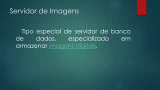 Servidor de Imagens 
Tipo especial de servidor de banco 
de dados, especializado em 
armazenar imagens digitais. 
 