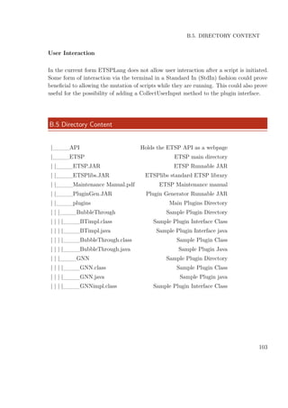 B.5. DIRECTORY CONTENT
User Interaction
In the current form ETSPLang does not allow user interaction after a script is initiated.
Some form of interaction via the terminal in a Standard In (StdIn) fashion could prove
beneﬁcial to allowing the mutation of scripts while they are running. This could also prove
useful for the possibility of adding a CollectUserInput method to the plugin interface.
B.5 Directory Content
|____API Holds the ETSP API as a webpage
|____ETSP ETSP main directory
| |____ETSP.JAR ETSP Runnable JAR
| |____ETSPlibs.JAR ETSPlibs standard ETSP library
| |____Maintenance Manual.pdf ETSP Maintenance manual
| |____PluginGen.JAR Plugin Generator Runnable JAR
| |____plugins Main Plugins Directory
| | |____BubbleThrough Sample Plugin Directory
| | | |____BTimpl.class Sample Plugin Interface Class
| | | |____BTimpl.java Sample Plugin Interface java
| | | |____BubbleThrough.class Sample Plugin Class
| | | |____BubbleThrough.java Sample Plugin Java
| | |____GNN Sample Plugin Directory
| | | |____GNN.class Sample Plugin Class
| | | |____GNN.java Sample Plugin java
| | | |____GNNimpl.class Sample Plugin Interface Class
103
 
