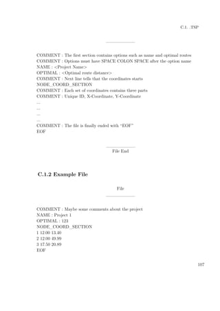 C.1. .TSP
_________
COMMENT : The ﬁrst section contains options such as name and optimal routes
COMMENT : Options must have SPACE COLON SPACE after the option name
NAME : <Project Name>
OPTIMAL : <Optimal route distance>
COMMENT : Next line tells that the coordinates starts
NODE_COORD_SECTION
COMMENT : Each set of coordinates contains three parts
COMMENT : Unique ID, X-Coordinate, Y-Coordinate
...
...
...
...
COMMENT : The ﬁle is ﬁnally ended with “EOF”
EOF
_________
File End
C.1.2 Example File
File
_________
COMMENT : Maybe some comments about the project
NAME : Project 1
OPTIMAL : 123
NODE_COORD_SECTION
1 12.00 13.40
2 12.00 49.99
3 17.50 20.89
EOF
107
 