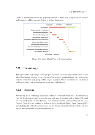 5.2. TECHNOLOGY
Charts it was decided to use the graphing function of Excel as it adequately ﬁlls the role
and is easy to add in completed time in a time sheet style.
Figure 5.1: Gantt Chart Plan of Documentation.
5.2 Technology
Throughout the early stages of the project decisions on technologies were taken as and
when they became relevant to the progress of the project, keeping in mind the requirements
and the estimated user group of the project material. Other useful factors for decision
making included time restraints and prior used technologies.
5.2.1 Licensing
As with any use of technology all licences had to be observed to the fullest. It is understood
that the development would be done in Java with several libraries such as Swing [20] which
are contained under the Java Licence. Java applications can be released under the GNU
General Public Licence marking it as free or under the Oracle Binary Code License (BCL)
free of charge [21]. Oracle Java Licences can be obtained from the Oracle website for Java
use on some embedded computer environments.
31
 
