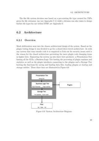 6.2. ARCHITECTURE
The ﬂat ﬁle system decision was based on a pre-existing ﬁle type created for TSPs
given the ﬁle extension .tsp (see Appendix C.1) while a decision was also taken to design
further ﬁle types for use within ETSP, see Appendix C
6.2 Architecture
6.2.1 Overview
Much deliberation went into the chosen architectural design of the system. Based on the
plugin testing design it was decided to go for a closed three-tiered architecture. As with
any system that runs outside code it is empirical to look out for security issues such is
the reason for the closed architecture preventing the users plugin code changing items
in higher tiers. Separating the system up into three tiers produces: a Presentation Tier
hosting all the GUIs, a Business Logic Tier hosting the processing of plugin runtimes and
statistics as well as the plugin interfaces connecting to the plugins and a Storage Tier
hosting the functions for saving and loading data ﬁles, loading plugins at startup and
storage entities. These three tiers are illustrated in Figure 6.6
Figure 6.6: System Architecture Diagram.
40
 
