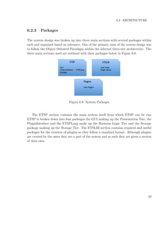 6.2. ARCHITECTURE
6.2.3 Packages
The system design was broken up into three main sections with several packages within
each and organised based on relevance. One of the primary aims of the system design was
to follow the Object Oriented Paradigm within the selected three-tier architecture. The
three main sections used are outlined with their packages below in Figure 6.8.
Figure 6.8: System Packages
The ETSP section contains the main system itself from which ETSP can be run.
ETSP is broken down into four packages the GUI making up the Presentation Tier, the
PluginInterface and the ETSPLang make up the Business Logic Tier and the Storage
package making up the Storage Tier. The ETSLIB section contains required and useful
packages for the creation of plugins so they follow a standard format. Although plugins
are created by the users they are a part of the system and as such they are given a section
of their own.
43
 