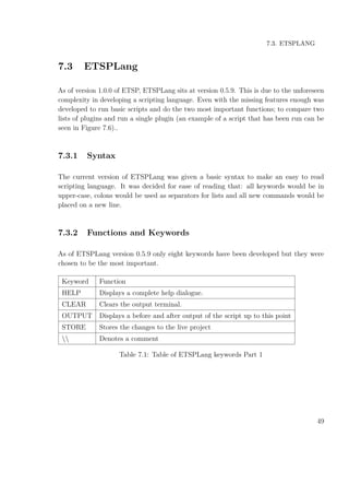 7.3. ETSPLANG
7.3 ETSPLang
As of version 1.0.0 of ETSP, ETSPLang sits at version 0.5.9. This is due to the unforeseen
complexity in developing a scripting language. Even with the missing features enough was
developed to run basic scripts and do the two most important functions; to compare two
lists of plugins and run a single plugin (an example of a script that has been run can be
seen in Figure 7.6)..
7.3.1 Syntax
The current version of ETSPLang was given a basic syntax to make an easy to read
scripting language. It was decided for ease of reading that: all keywords would be in
upper-case, colons would be used as separators for lists and all new commands would be
placed on a new line.
7.3.2 Functions and Keywords
As of ETSPLang version 0.5.9 only eight keywords have been developed but they were
chosen to be the most important.
Keyword Function
HELP Displays a complete help dialogue.
CLEAR Clears the output terminal.
OUTPUT Displays a before and after output of the script up to this point
STORE Stores the changes to the live project
 Denotes a comment
Table 7.1: Table of ETSPLang keywords Part 1
49
 