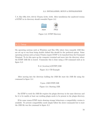 A.2. INSTALLATION, SETUP & INITIALISATION
7, 8, Mac OSx 10.8, 10.9 & Ubuntu 12.04, 13.04. After installation the unaltered version
of ETSP in its directory should resemble Figure A.2
Figure A.2: ETSP Directory
A.2.2 Setup
On operating systems such as Windows and Mac OSx where Java runnable JAR ﬁles
are set up to run from being double clicked this should be the preferred option. Some
operating systems such as Linux Ubuntu require ETSP to be launched from the Command
Terminal. To do this open up the computer terminal and move into the directory where
the ETSP JAR ﬁle is stored. Commonly this is done using a CD command such as in
ﬁgure A.3
$ cd /location/of/ETSP/JAR
Figure A.3: CD Example
After moving into the directory holding the JAR ﬁle start the JAR ﬁle using the
command in ﬁgure A.4
$ java -JAR ETSP.JAR
Figure A.4: Starting JAR
For ETSP to work the JAR ﬁle requires the plugin directory in the same directory and
for it to be usable at least one working plugin needs to be present in the plugin directory.
If for some reason ETSP starts showing strange behaviours a compatibility version is
available. To activate compatibility mode simply follow the above commands but to start
the JAR ﬁle run the command in ﬁgure A.5
78
 