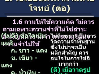 1.  วิธีเขียนตัวคำถามหรือโจทย์  ( ต่อ ) 1.6  ถามให้ใช้ความคิด ไม่ควรถามเฉพาะความจำที่ไม่ใช่สาระสำคัญที่ควรจดจำ ควรถามให้นำความจำไปใช้ ( ไม่ดี )  ข้อใดเป็นแม่สี ก .  ขาว  -  แดง ข .  เขียว  -  แดง ค .  น้ำเงิน  -  แดง ง .  น้ำเงิน  -  เหลือง ไม่ดี เพราะเป็นการวัดความจำพื้นฐาน ซึ่งไม่น่าจะเป็นหลักสำคัญ ควรสนใจในการใช้สี  มากกว่า ( ดี )  เมื่อวาดรูปพุ่มไม้ ควร ระบายด้วยสีคู่ใด 