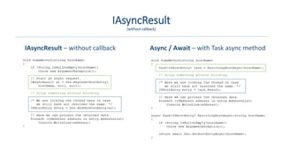 IAsyncResult – without callback Async / Await – with Task async method
IAsyncResult
(without callback)
 
