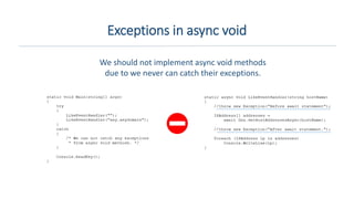 Exceptions in async void
We should not implement async void methods
due to we never can catch their exceptions.
 