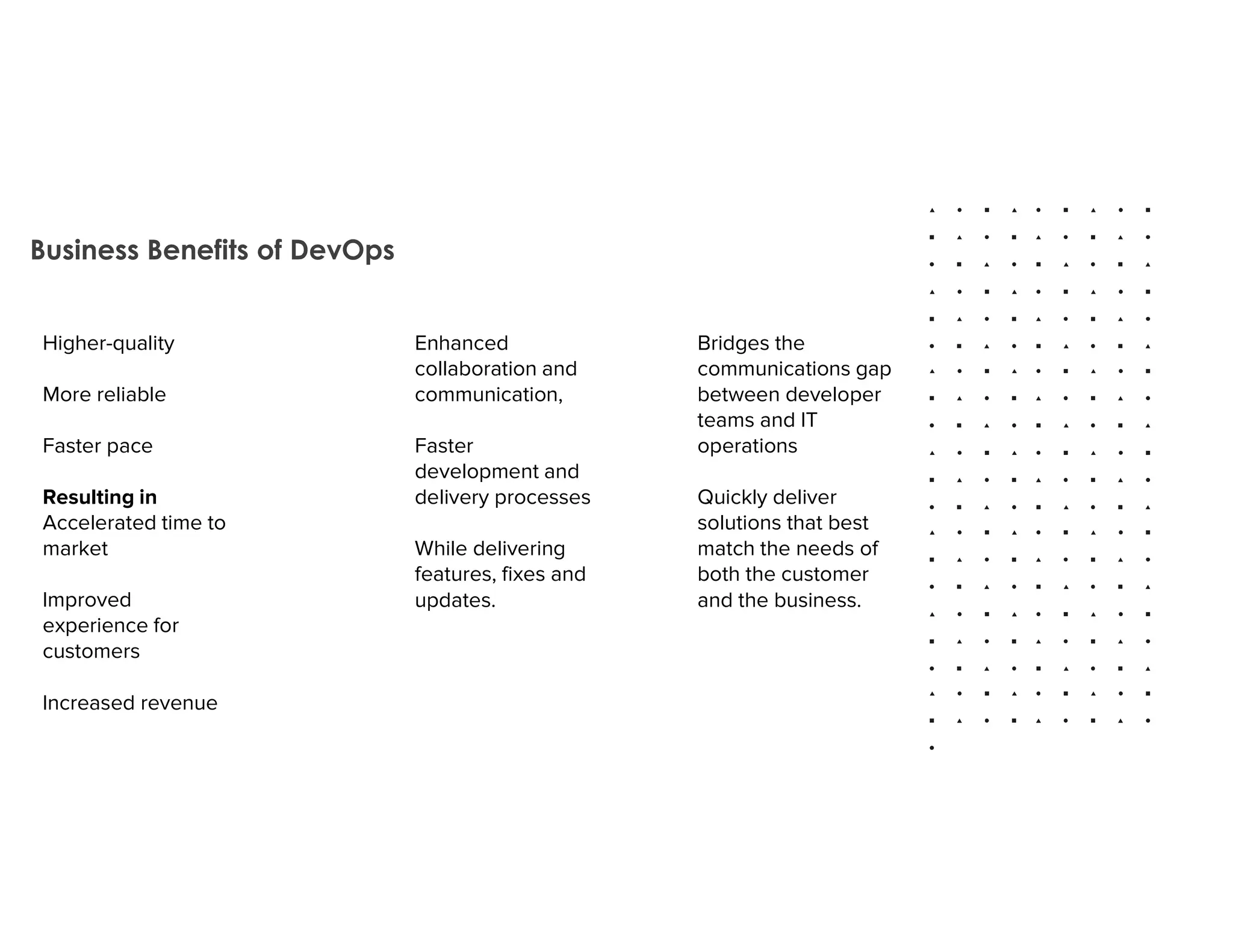 Business Benefits of DevOps
Higher-quality
More reliable
Faster pace
Resulting in
Accelerated time to
market
Improved
experience for
customers
Increased revenue
Enhanced
collaboration and
communication,
Faster
development and
delivery processes
While delivering
features, fixes and
updates.
Bridges the
communications gap
between developer
teams and IT
operations
Quickly deliver
solutions that best
match the needs of
both the customer
and the business.
 