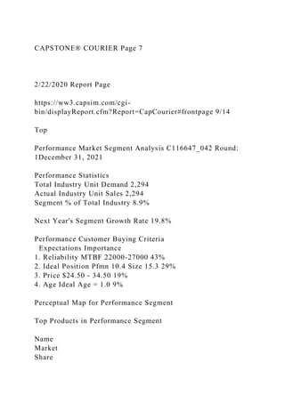 CAPSTONE® COURIER Page 7
2/22/2020 Report Page
https://ww3.capsim.com/cgi-
bin/displayReport.cfm?Report=CapCourier#frontpage 9/14
Top
Performance Market Segment Analysis C116647_042 Round:
1December 31, 2021
Performance Statistics
Total Industry Unit Demand 2,294
Actual Industry Unit Sales 2,294
Segment % of Total Industry 8.9%
Next Year's Segment Growth Rate 19.8%
Performance Customer Buying Criteria
Expectations Importance
1. Reliability MTBF 22000-27000 43%
2. Ideal Position Pfmn 10.4 Size 15.3 29%
3. Price $24.50 - 34.50 19%
4. Age Ideal Age = 1.0 9%
Perceptual Map for Performance Segment
Top Products in Performance Segment
Name
Market
Share
 
