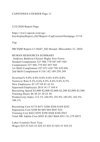 CAPSTONE® COURIER Page 11
2/22/2020 Report Page
https://ww3.capsim.com/cgi-
bin/displayReport.cfm?Report=CapCourier#frontpage 13/14
Top
HR/TQM Report C116647_042 Round: 4December 31, 2024
HUMAN RESOURCES SUMMARY
Andrews Baldwin Chester Digby Erie Ferris
Needed Complement 527 986 779 947 697 945
Complement 527 986 779 947 697 945
1st Shift Complement 527 671 638 758 439 696
2nd Shift Complement 0 316 142 189 258 249
Overtime% 0.0% 0.0% 0.0% 0.0% 0.0% 0.0%
Turnover Rate 8.2% 8.6% 8.8% 8.6% 8.8% 8.5%
New Employees 43 157 69 81 61 81
Separated Employees 20 0 14 17 169 4
Recruiting Spend $3,000 $2,000 $2,000 $2,200 $2,000 $2,500
Training Hours 40 30 25 30 25 30
Productivity Index 113.1% 104.9% 103.9% 105.8% 103.5%
106.1%
Recruiting Cost $174 $471 $206 $260 $184 $282
Separation Cost $100 $0 $69 $84 $847 $22
Training Cost $422 $592 $390 $568 $348 $567
Total HR Admin Cost $695 $1,063 $664 $911 $1,379 $872
Labor Contract Next Year
Wages $25.53 $25.53 $25.53 $25.53 $25.53 $25.53
 
