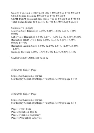 Quality Function Deployment Effort $0 $750 $0 $750 $0 $750
CCE/6 Sigma Training $0 $750 $0 $750 $0 $750
GEMI TQEM Sustainability Initiatives $0 $0 $750 $0 $750 $0
Total Expenditures $50 $3,750 $3,750 $3,750 $3,750 $3,750
Cumulative Impacts
Material Cost Reduction 0.00% 0.05% 1.85% 0.05% 1.85%
0.05%
Labor Cost Reduction 0.00% 0.21% 1.60% 0.21% 1.60% 0.21%
Reduction R&D Cycle Time 0.00% 17.75% 0.00% 17.75%
0.00% 17.75%
Reduction Admin Costs 0.00% 12.59% 2.44% 12.59% 2.44%
12.59%
Demand Increase 0.00% 1.73% 0.23% 1.73% 0.23% 1.73%
CAPSTONE® COURIER Page 12
2/22/2020 Report Page
https://ww3.capsim.com/cgi-
bin/displayReport.cfm?Report=CapCourier#frontpage 14/14
2/22/2020 Report Page
https://ww3.capsim.com/cgi-
bin/displayReport.cfm?Report=CapCourier#frontpage 1/14
Page 1 Front Page
Page 2 Stocks & Bonds
Page 3 Financial Summary
Page 4 Production Analysis
 
