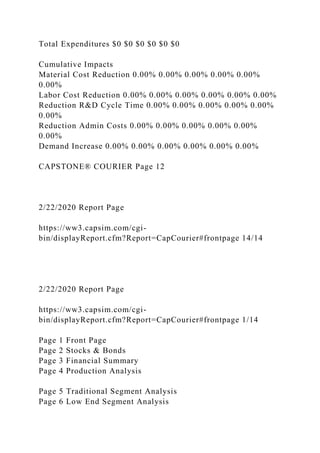 Total Expenditures $0 $0 $0 $0 $0 $0
Cumulative Impacts
Material Cost Reduction 0.00% 0.00% 0.00% 0.00% 0.00%
0.00%
Labor Cost Reduction 0.00% 0.00% 0.00% 0.00% 0.00% 0.00%
Reduction R&D Cycle Time 0.00% 0.00% 0.00% 0.00% 0.00%
0.00%
Reduction Admin Costs 0.00% 0.00% 0.00% 0.00% 0.00%
0.00%
Demand Increase 0.00% 0.00% 0.00% 0.00% 0.00% 0.00%
CAPSTONE® COURIER Page 12
2/22/2020 Report Page
https://ww3.capsim.com/cgi-
bin/displayReport.cfm?Report=CapCourier#frontpage 14/14
2/22/2020 Report Page
https://ww3.capsim.com/cgi-
bin/displayReport.cfm?Report=CapCourier#frontpage 1/14
Page 1 Front Page
Page 2 Stocks & Bonds
Page 3 Financial Summary
Page 4 Production Analysis
Page 5 Traditional Segment Analysis
Page 6 Low End Segment Analysis
 