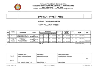 YAYASAN PENDIDIKAN ISLAM AL-HUDA
SEKOLAH MENENGAH KEJURUAN AL-HUDA KEDIRI
NSS: 324056301007 NIS: 40006
Web Site : www.smkalhudakdr.sch.id E-mail : smkalhuda_kdr@yahoo.co.id
DAFTAR INVENTARIS
BENGKEL / RUANG MULTIMEDIA
TAHUN PELAJARAN 2013/2014
Tahun Jumlah Harga satuan
37 Scaner
Canon Scan Lide 110
Serial No. KEFD05614
SMK
AH/MM/32/2012
2012 1 unit Rp 600,000 80% Rp 480,000 1 Rp 480,000
38
Ventilating
Fan
Panasonic FV-
30RUN5
SMK
AH/MM/33/2012
2012 1 unit Rp 350,000 80% Rp 280,000 1 Rp 280,000
39
Kamera
Poket
SONY DCS-W610,
14,1 Megapixels
SMK
AH/MM/29/2012
2012 1 buah Rp 985,000 90% Rp 886,500 1 Rp 886,500
penganti
DCS-W370
Rp 254,861,000
Kondisi
Sekarang
Perkiraan
Harga
sekarang
Jumlah
Barang
Harga Ket.
JUMLAH
No
NAMA
BARANG
SPESIFIKASI KODE
Pembelian
Rev.00
17.10.11
Disahkan Oleh :
Ketua Unit Kerja Sarpras
Drs. Sutikno Chasan, S.Pd
Mengetahui :
Ka Komli Multimedia
Ida Nurjanah, ST
Penanggung Jawab :
Ruang/Bengkel Multimedia
Heru Suhadi
5 /5
Form No : F .SA-D-03 Daftar Inventaris SMK AH Rev.00, Tgl. 17.10.11
 