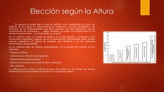 Elección según la Altura
En general se tratará aquí el caso de edificios altos, entendiendo por tales, los
edificios en los cuales los requerimientos de resistencia a fuerzas horizontales y de
limitación de los desplazamientos que ellas producen, son más importantes que los
requerimientos de resistencia a cargas verticales, en cuanto a las dimensiones de los
elementos estructurales, a su disposición y a su costo.
En los edificios bajos el sistema de pórticos es el más sencillo y económico en la
construcción tradicional, mientras que en la construcción industrializada puede resultar
bastante competitivo el sistema de pantallas, que satisfacen a la vez exigencias
estructurales y de cerramiento.
En los edificios altos los factores preponderantes en la elección del sistema son los
siguientes:
- Altura del edificio
- Características del terreno de fundación
- Requerimientos arquitectónicos
- Relaciones de costos entre mano de obra y materiales.
- Otros factores.
La influencia de la altura o número de pisos del edificio en la elección del sistema
resistente a fuerzas horizontales se resume en los siguientes gráficos:
 