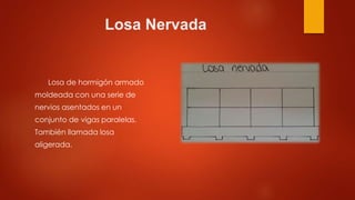 Losa Nervada
Losa de hormigón armado
moldeada con una serie de
nervios asentados en un
conjunto de vigas paralelas.
También llamada losa
aligerada.
 