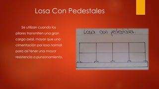 Losa Con Pedestales
Se utilizan cuando los
pilares transmiten una gran
carga axial, mayor que una
cimentación por losa normal
para así tener una mayor
resistencia a punzonamiento.
 